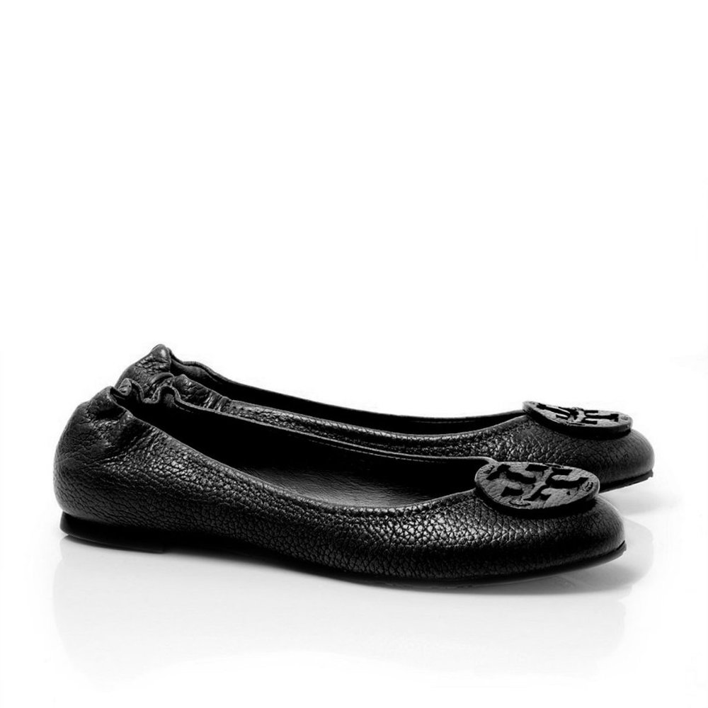 Tory Burch Reva Tumbled Pebbled Leather Ballet Flat Scrunch Heel Black 10